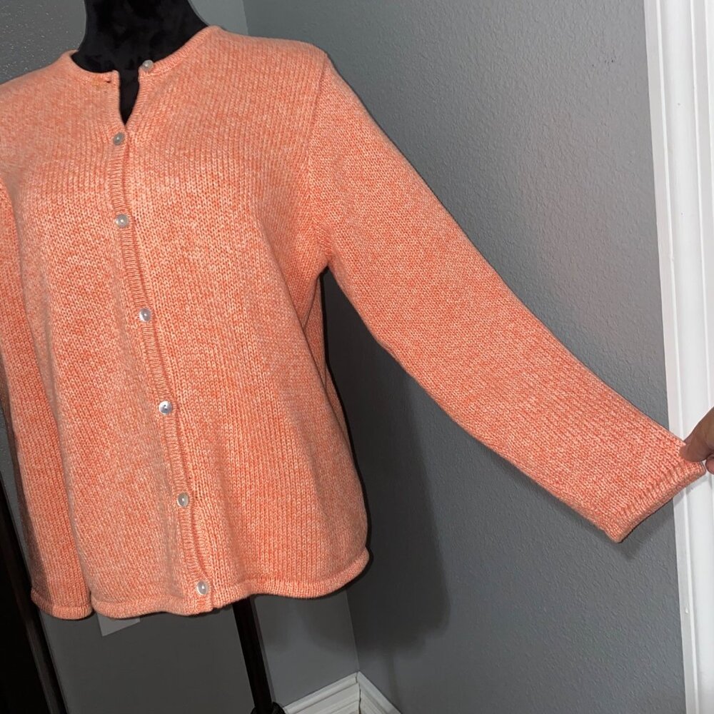 L.L. Bean Cardigan Sweater Womens L Button Front Knit Peach Salmon Classic Cozy - Picture 2 of 7